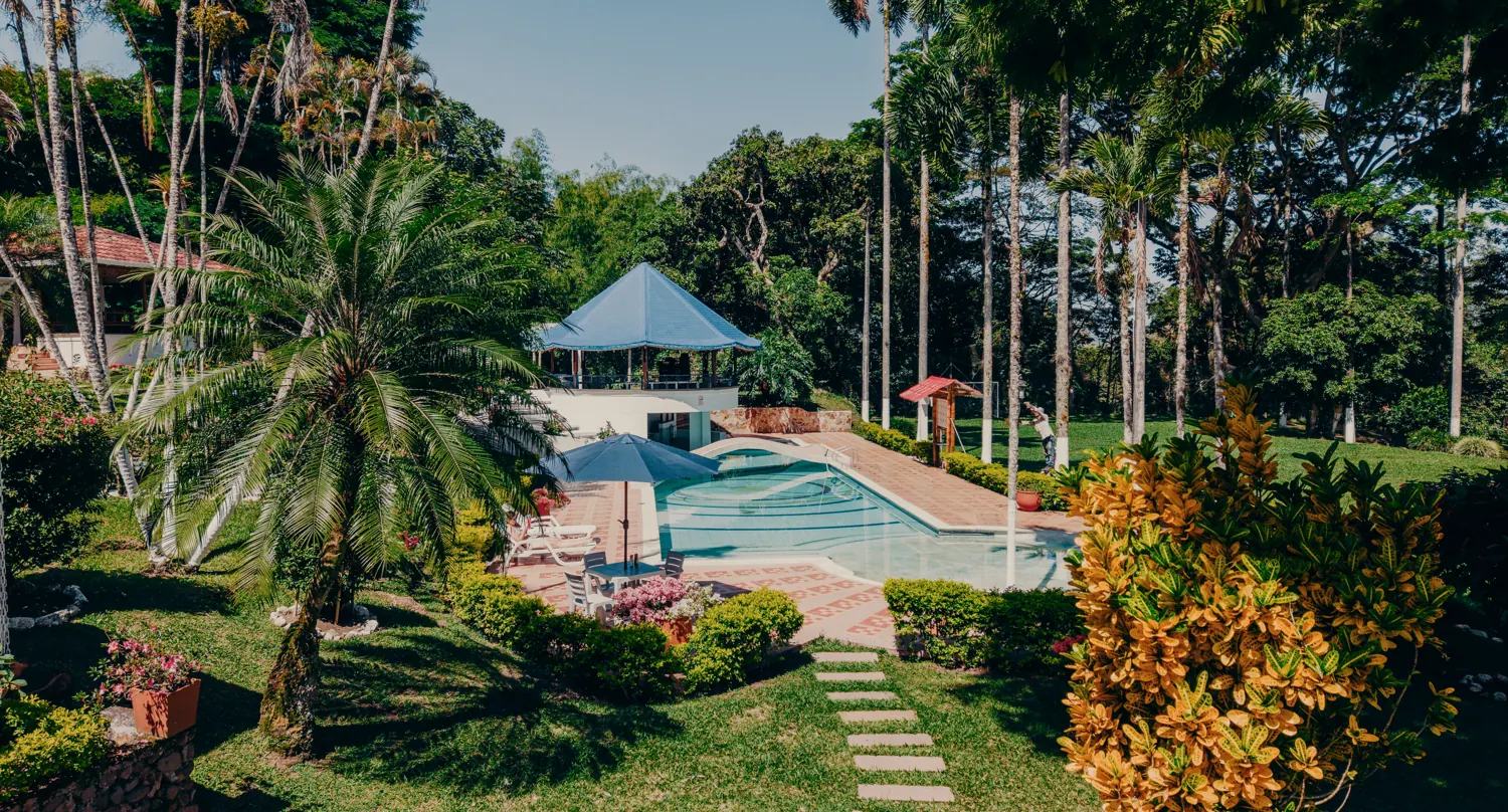 La piscina y el kiosco entre las dos casas, rodeados de palmeras y jardines