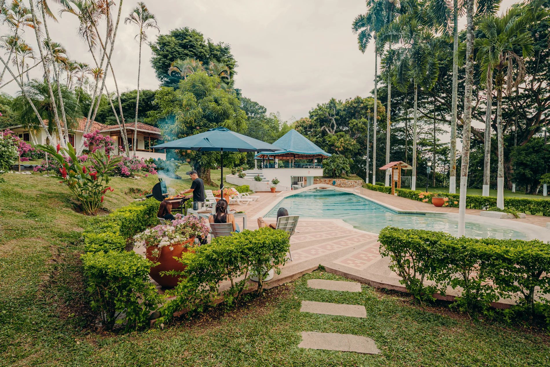 Piscina, jardines y palmeras de la finca