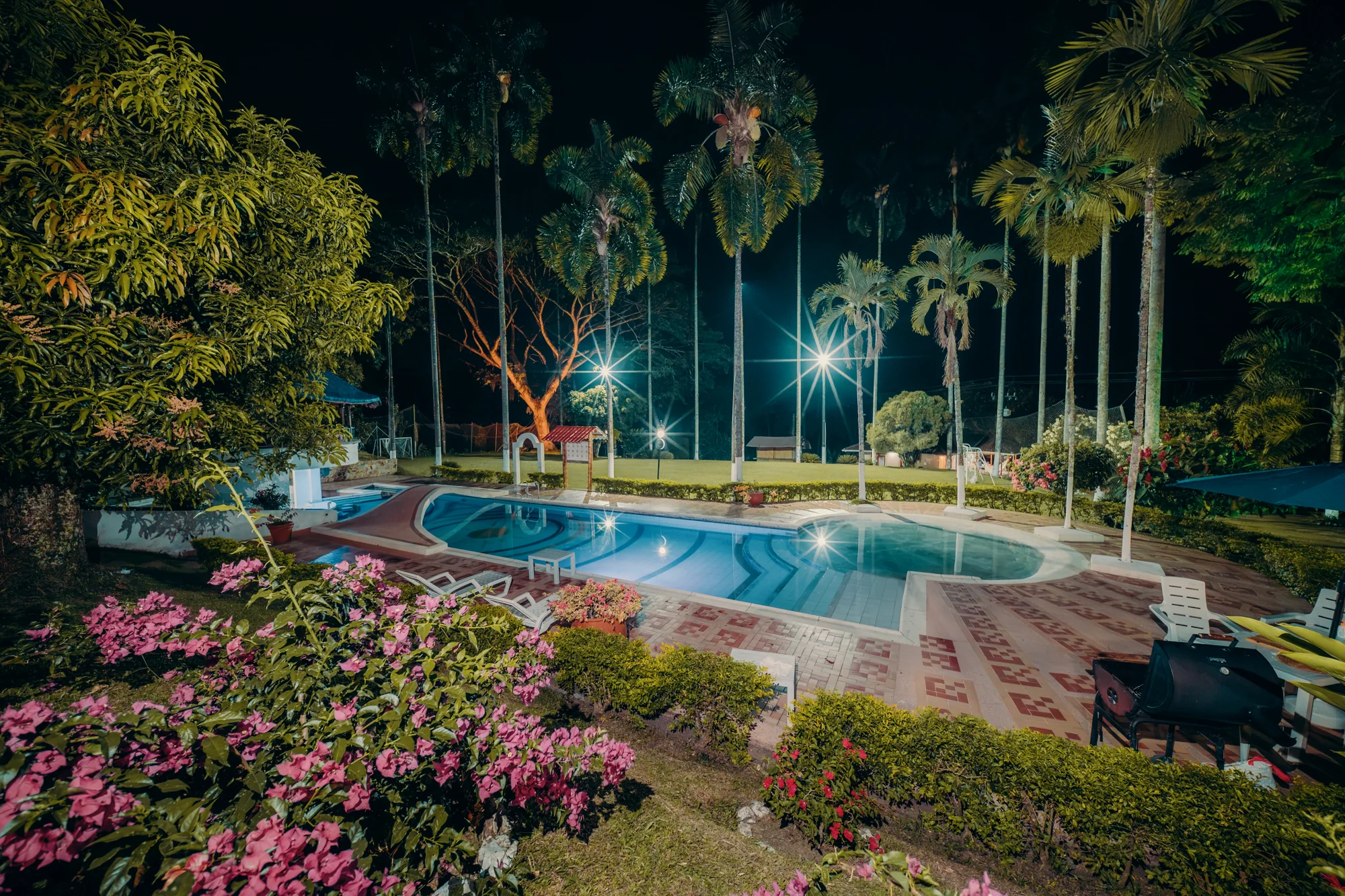 La piscina iluminada de noche, entre palmeras